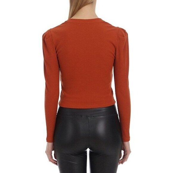 Avec Les Filles NEW Puff-Sleeve Rib-Knit Cardigan Shirt Rust Color Medium - Picture 11 of 11